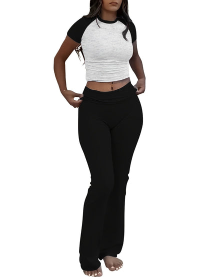 Women's Two-Piece Outfit Set - Slim Fit Short Sleeve Crew Neck T-Shirt & Skinny Flared Leg Pants, Casual Solid Color Matching Loungewear Tracksuit for Everyday Streetwear, Sizes XS-XL