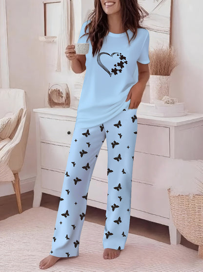 Women's Two-Piece Printed Top & Wide-Leg Pants Set – Cross Print Short Sleeve Top with Gradient Palazzo Pants, Loose Casual Summer Outfit, 9 Colors, Sizes S-XXL