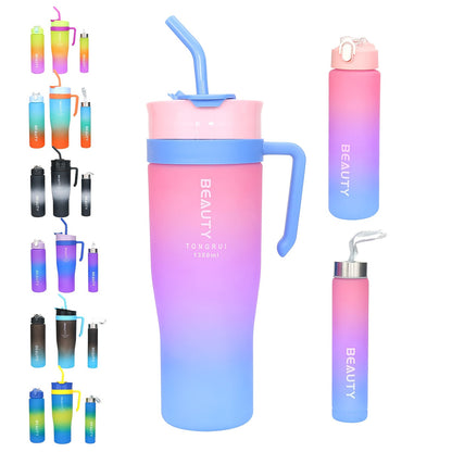BPA-Free Gradient Water Bottles 5-Piece Set with Straw & Spill-Proof Lid - 46oz 27oz 9oz Leak-Proof Sports Bottles for Gym Travel Outdoor