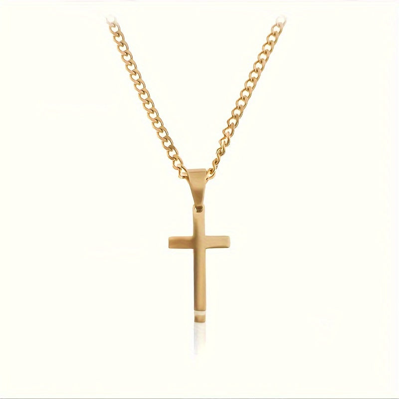 Men's Cross Pendant Necklace 18K Gold Plated Cuban Chain 304 Stainless Steel Minimalist Casual Jewelry Gift for Him Steel Gold