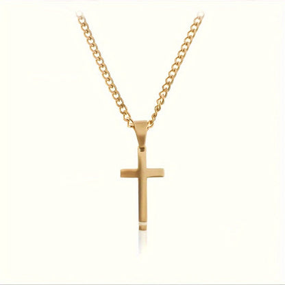 Men's Cross Pendant Necklace 18K Gold Plated Cuban Chain 304 Stainless Steel Minimalist Casual Jewelry Gift for Him Steel Gold