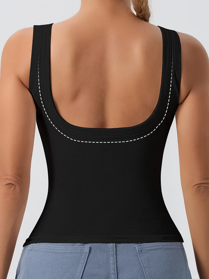 Women's Scoop Neck Tank Top Removable Chest Padding Slim Fit Casual Summer Sleeveless Top 8 Colors XS-XL Built-In Bra