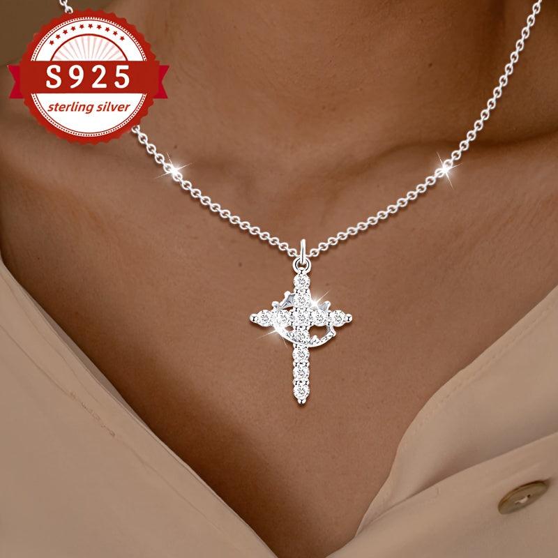 S925 Sterling Silver Cross Crown Pendant Necklace for Women – Vintage Luxury Hypoallergenic Jewelry for Daily Wear, Vacation & Banquet, Elegant Gift