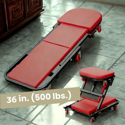 36 Inch Heavy Duty 3-in-1 Folding Mechanic Creeper with Adjustable Z-Seat - 6 Lockable Swivel Casters, 350-650 Lb Capacity, Vinyl Padded Seat & Headrest, Professional Automotive Repair Crawler