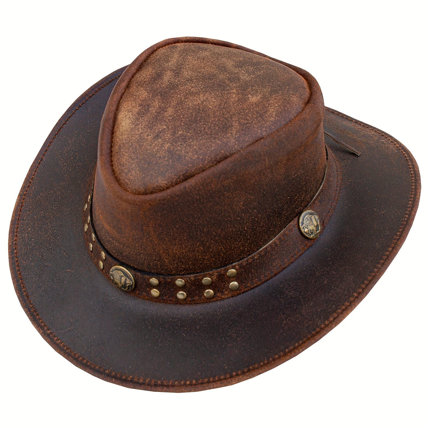 Genuine Leather Cowboy Hat for Men and Women Western Australian Wide Brim Shapeable UV Protection Vintage Brown Hat with Chin Cord Sizes S to 3XL