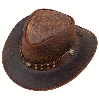 Genuine Leather Cowboy Hat for Men and Women Western Australian Wide Brim Shapeable UV Protection Vintage Brown Hat with Chin Cord Sizes S to 3XL