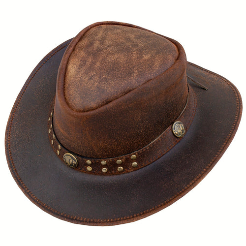 Genuine Leather Cowboy Hat for Men and Women Western Australian Wide Brim Shapeable UV Protection Vintage Brown Hat with Chin Cord Sizes S to 3XL