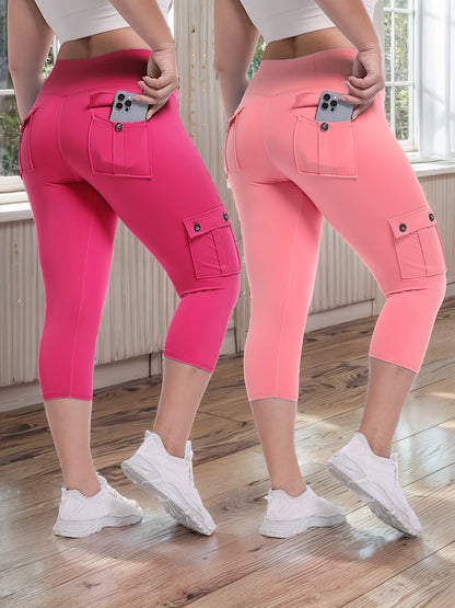 High Waist Yoga Capri Pants 2-Pack – Butt Lifting Tummy Control 4-Way Stretch Spandex Leggings with 4 Pockets, Three-Quarter Athletic Activewear for Women, 9 Color Sets, Sizes S-XXL