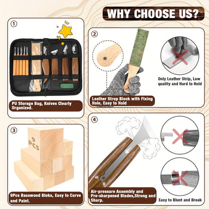 Wood Carving Knife Set PU Case 15-23 Piece Whittling Kit Chisel Hook Detail Geometric Knife Safety Gloves Leather Strop Basswood Block Art Craft Gift