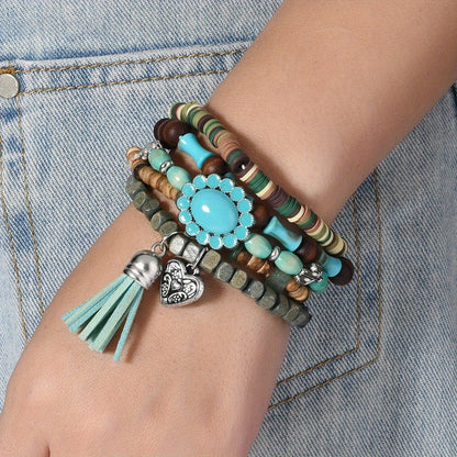 40pcs Boho Handmade Wooden & Turquoise Stone Bead Bracelet Set – Mixed Colors, Zinc Alloy Pendant, Vintage Style Stackable Bracelets for Women Men, Couple & Party Gift