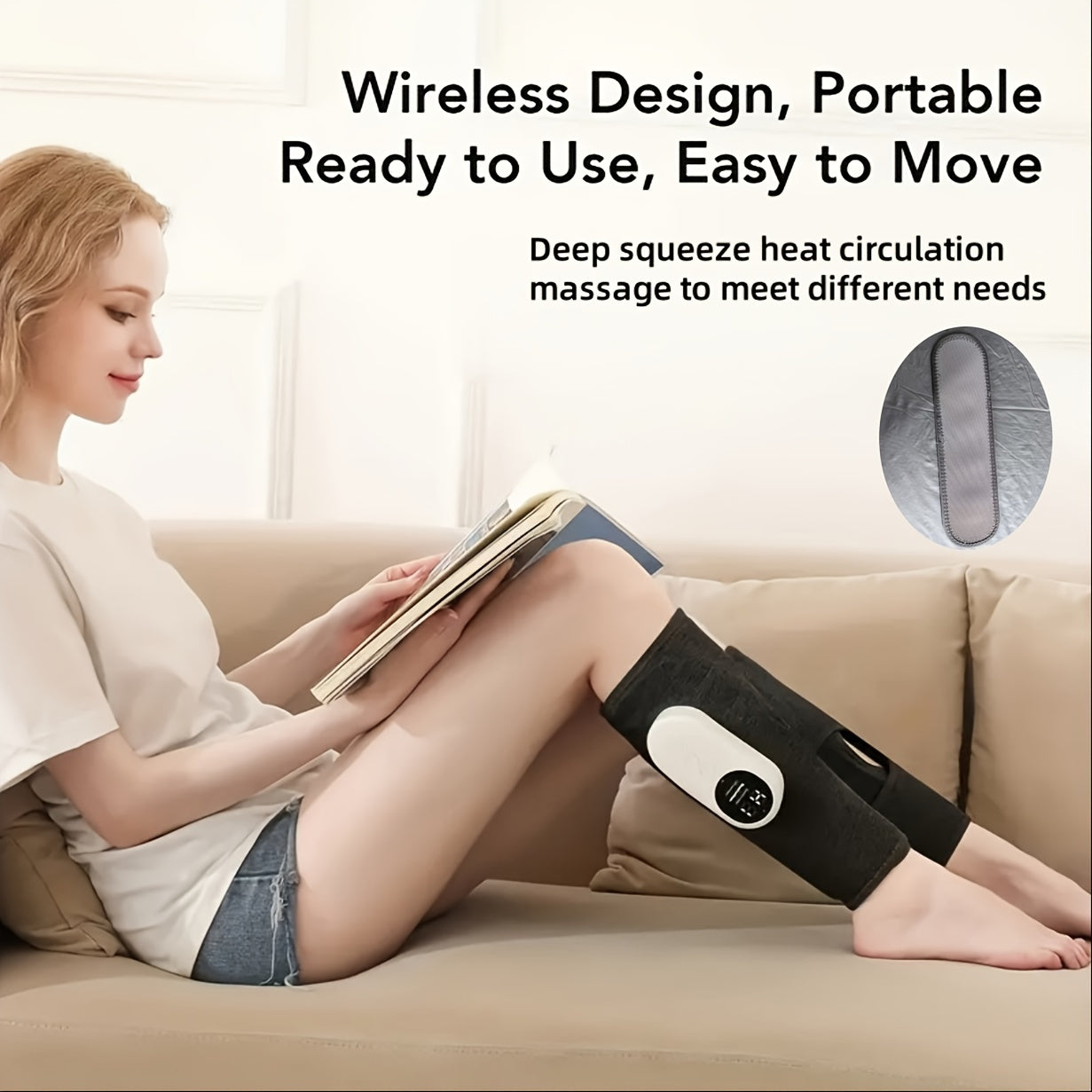 Cordless Air Compression Leg Massager 3 Intensities Calf Thigh Foot Knee Relief Rechargeable Portable Massager for Home Office Travel Gray Black