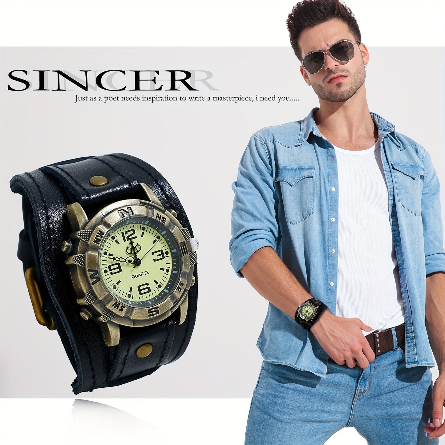 Vintage Steampunk Wide Leather Strap Analog Quartz Watch for Men Women – Unisex Biker Style Round Case, Dark Brown Black Brown, Halloween Christmas Father's Day Gift