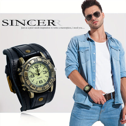 Vintage Steampunk Wide Leather Strap Analog Quartz Watch for Men Women – Unisex Biker Style Round Case, Dark Brown Black Brown, Halloween Christmas Father's Day Gift