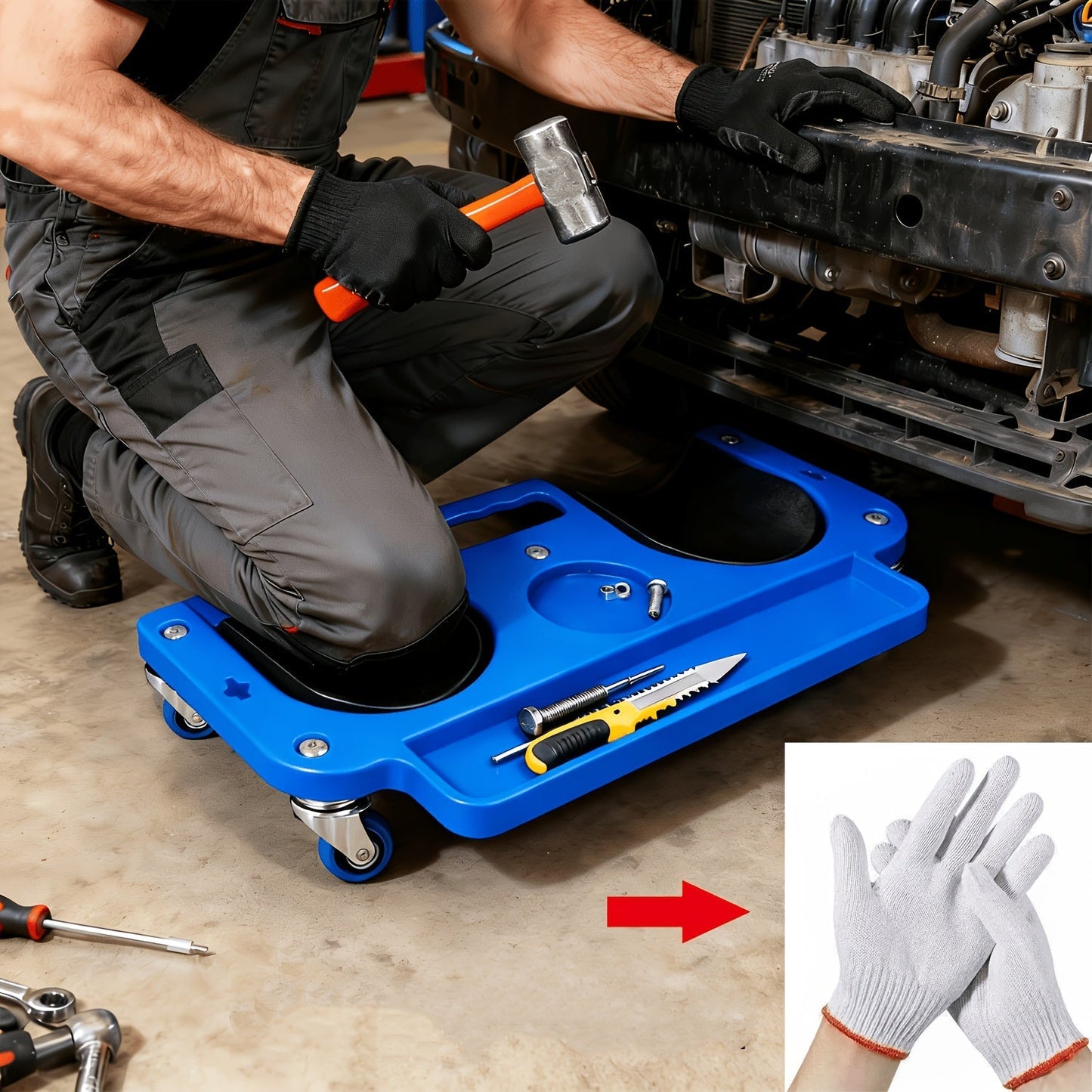 Rolling Knee Creeper Pad with Built-In Tool Tray – ABS High-Impact Frame, Cushioned Kneeling Pad for Mechanics, Carpenters, Flooring & Car Repairs – Multi-Color Automotive Repair Aid & Workshop Gift