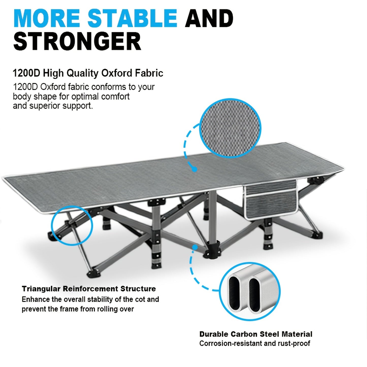 Heavy Duty Folding Bed with Optional Mattress up to 630 LBS – Portable Camping Cot with Multi-Leg Support, Side Pockets & Pillow, 59–77 Inch All Season Guest Napping Bed Space Saving