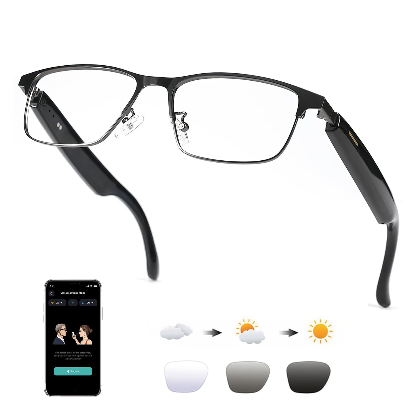 AI Smart Glasses Real-Time Translation 160+ Languages ChatGPT System Bluetooth 5.3 Built-in Mic Speaker – HD Voice Calls HiFi Music Smart Audio Glasses Unisex Men Women