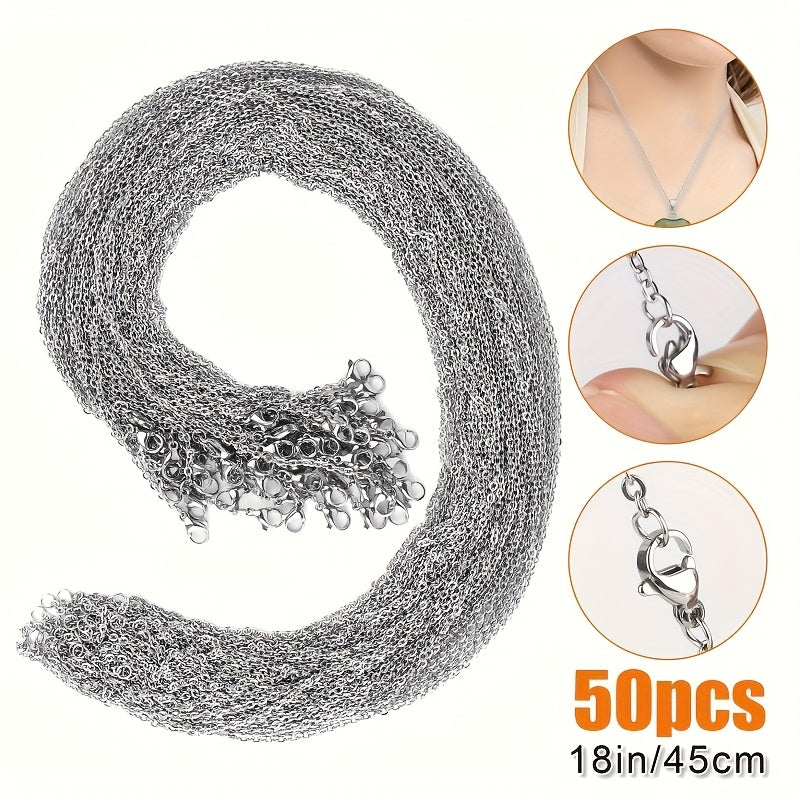 50pcs 18 Inch 304 Stainless Steel Necklace Chains with Lobster Clasp - Tarnish Resistant DIY Jewelry Making Supplies for Pendants, Charms, Bracelets & Keychains, Bulk Chain Set for Crafters