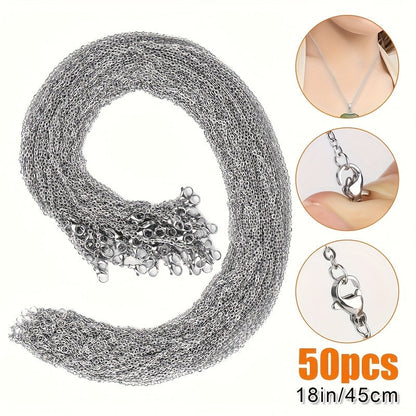 50pcs 18 Inch 304 Stainless Steel Necklace Chains with Lobster Clasp - Tarnish Resistant DIY Jewelry Making Supplies for Pendants, Charms, Bracelets & Keychains, Bulk Chain Set for Crafters