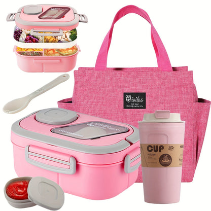 2-Layer Bento Lunch Box Set with Cup & Insulated Lunch Bag – Multi-Grid Leakproof Food Container for School, Office & Picnic, Choose Salad, Coffee, Milk or Soup Cup, Pink Green Blue White