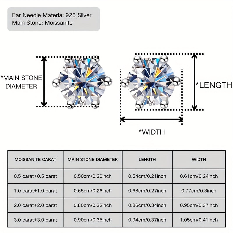 Moissanite Stud Earrings – 925 Sterling Silver 6-Prong Round Cut, 0.5ct to 3ct, Diamond Alternative Bridal & Wedding Jewelry for Women, Brilliant Sparkle Solitaire Studs