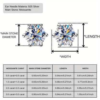 Moissanite Stud Earrings – 925 Sterling Silver 6-Prong Round Cut, 0.5ct to 3ct, Diamond Alternative Bridal & Wedding Jewelry for Women, Brilliant Sparkle Solitaire Studs