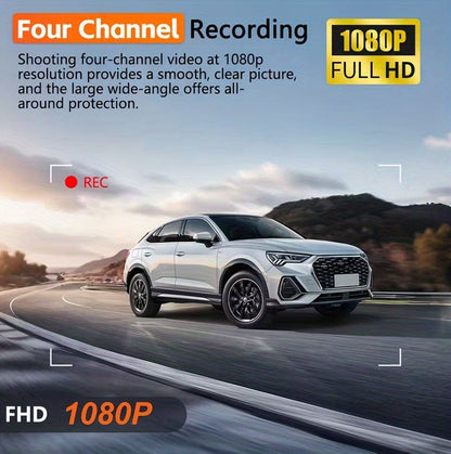 PODOFO 4-Channel Dash Cam 1080P Front Rear Left Right - 3.16" IPS Screen, Night Vision, Loop Recording, 24-Hour Parking Monitor with G-Sensor & Motion Detection, Optional 64GB Card, Vehicle Security Camera