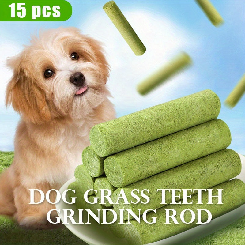 15pcs Dog Grass Stick Chews – Natural Teeth Cleaning Chewable Treats, Breath Freshener, High Fiber Digestive Health Snack Made with Grass & Meat – Healthy Dog Treat for All Breeds