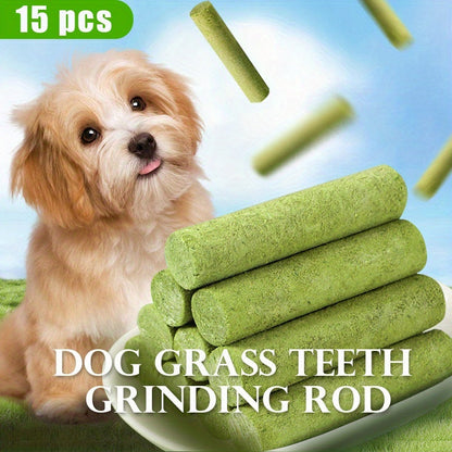 15pcs Dog Grass Stick Chews – Natural Teeth Cleaning Chewable Treats, Breath Freshener, High Fiber Digestive Health Snack Made with Grass & Meat – Healthy Dog Treat for All Breeds