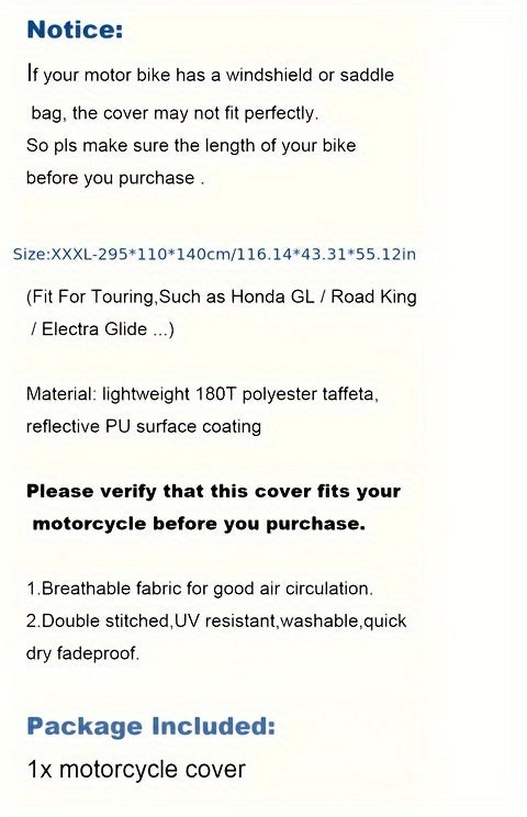 XXXL Waterproof Motorcycle Cover Universal Fit - Heavy Duty All-Weather Protection for Harley Road King, Electra Glide, Street Glide, Honda Goldwing, Yamaha Royal Star & Touring Bikes, 116x43x55 Inch