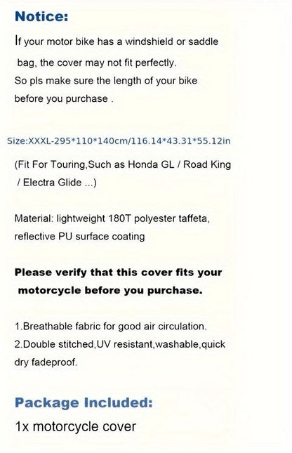XXXL Waterproof Motorcycle Cover Universal Fit - Heavy Duty All-Weather Protection for Harley Road King, Electra Glide, Street Glide, Honda Goldwing, Yamaha Royal Star & Touring Bikes, 116x43x55 Inch