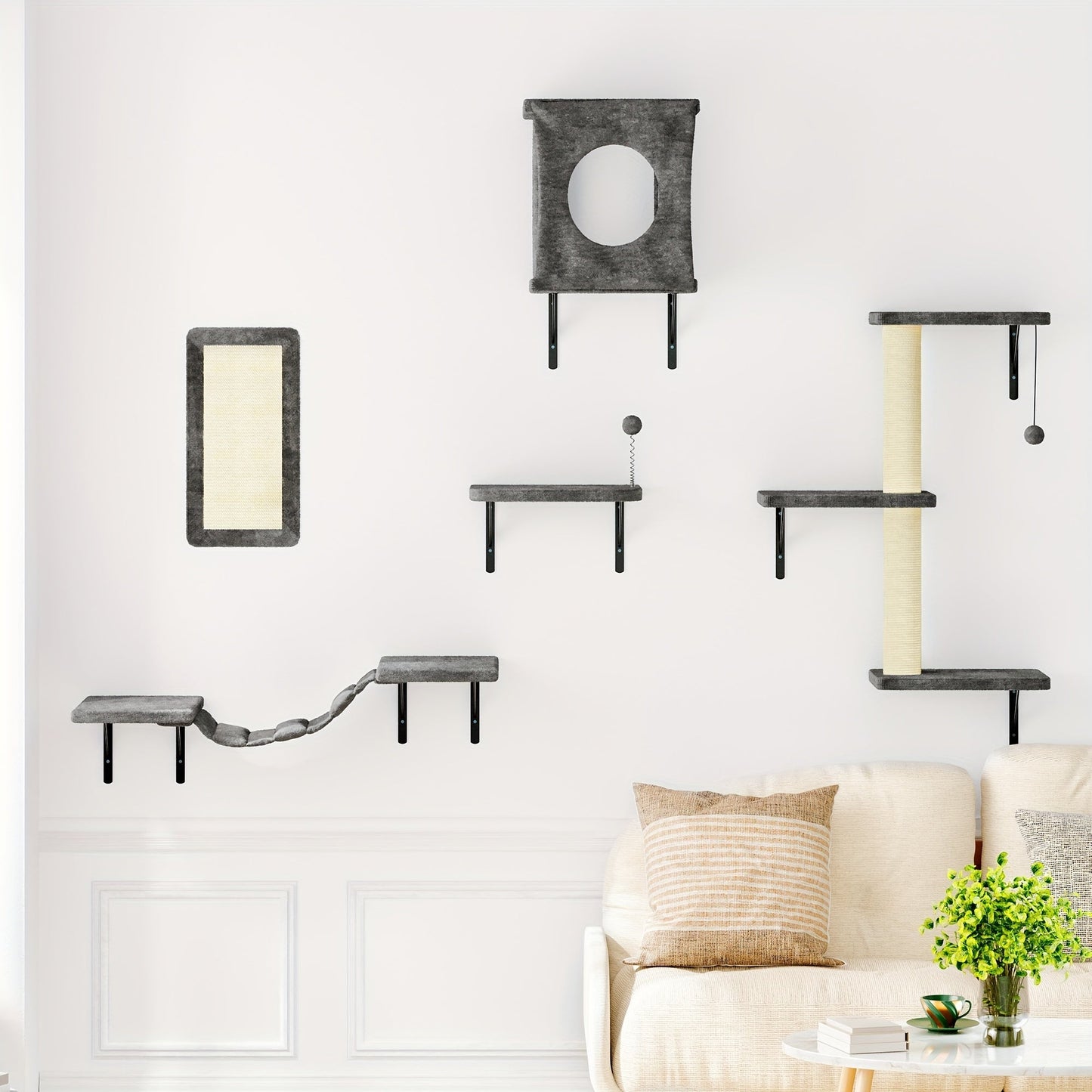 Cat Wall Shelves 5-Piece Set - Wall-Mounted Floating Cat Perch, Climber & Bridge, Modern Cat Furniture for Indoor Cats, Cat Tree Alternative with Cat Bed Platform, Space-Saving Cat House