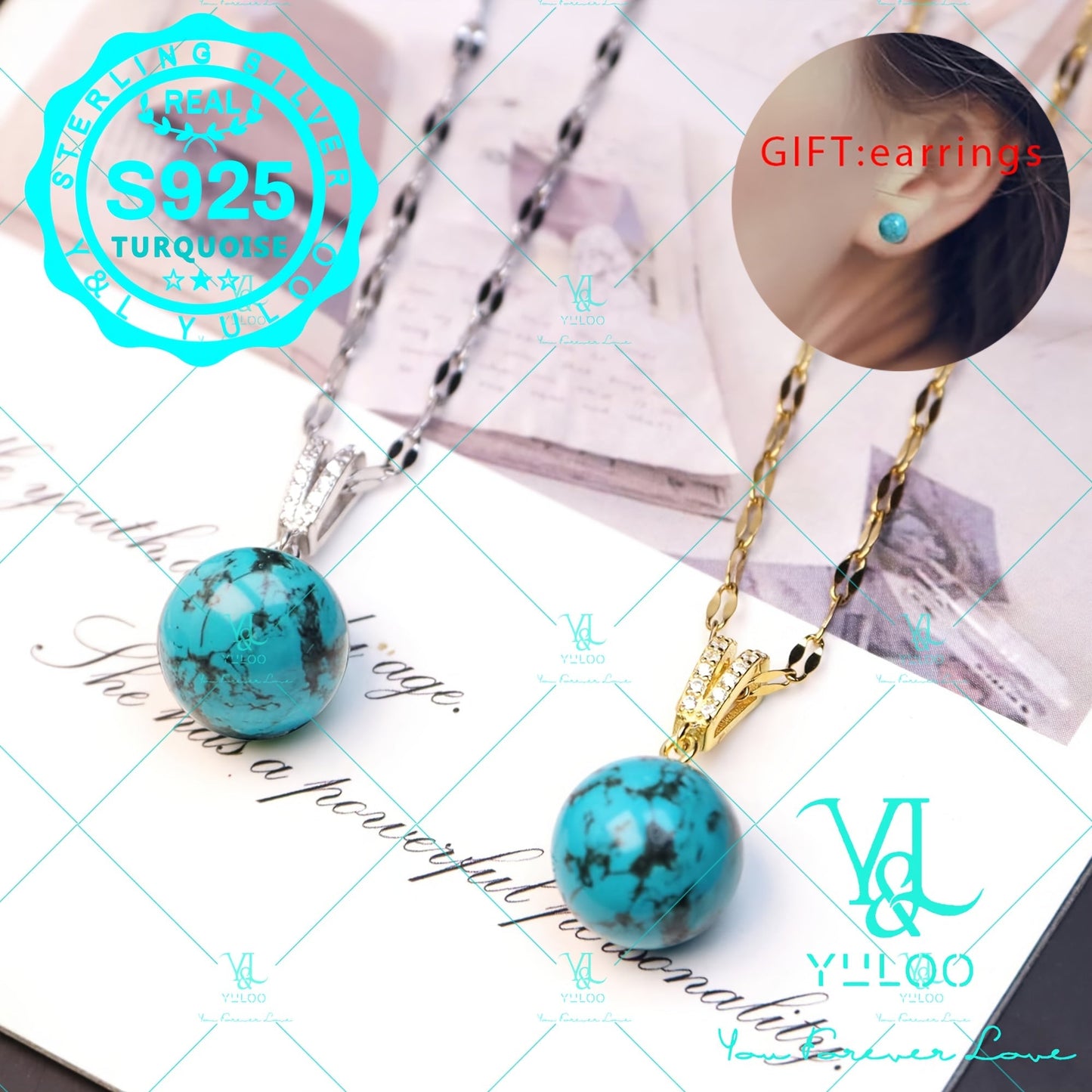 S925 Sterling Silver Natural Genuine Turquoise Pendant Necklace 18+2 Inch – Elegant Boho Gemstone Jewelry for Women with Bonus Earrings, Available in Silver & Gold, Perfect Gift for Her