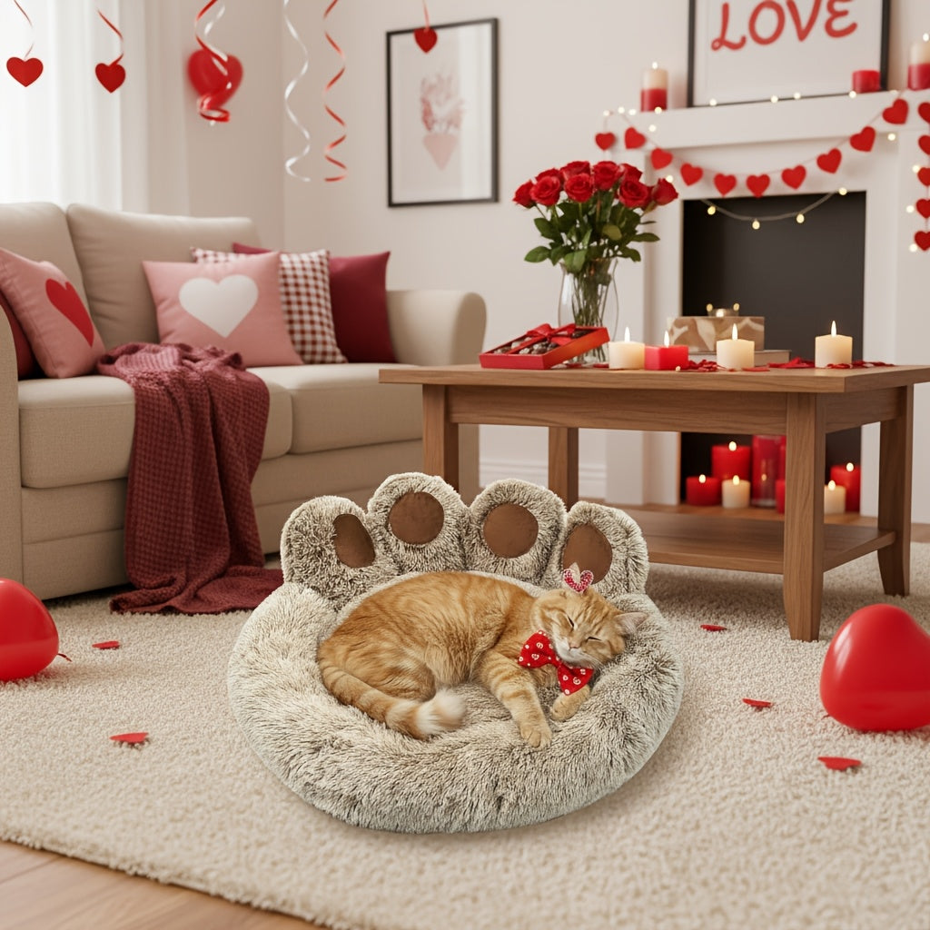 Bear Paw Shaped Donut Dog Bed & Cat Bed – Calming Warm Soft Plush Round Pet Mattress with Bonus Pet Scarf S M L XL 2XL Coffee Pink Grey Brown for Small Medium Large Dogs Cats