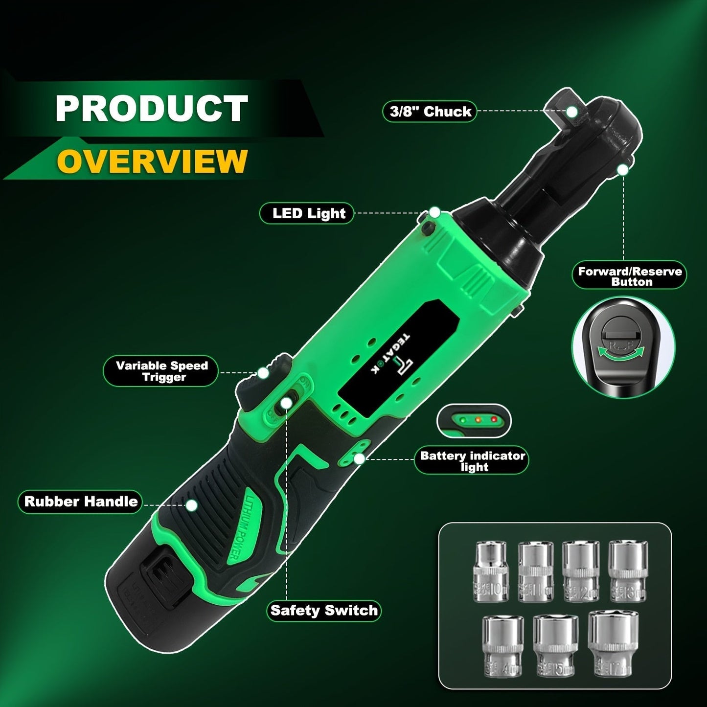 12V Cordless Ratchet Wrench Set 3/8" Drive 40 Ft-lbs – Variable Speed Trigger, Fast Charge, 7 Sockets, 1 or 2 Lithium-Ion Batteries for Automotive Repair, DIY & Valentine’s Day Gift for Men