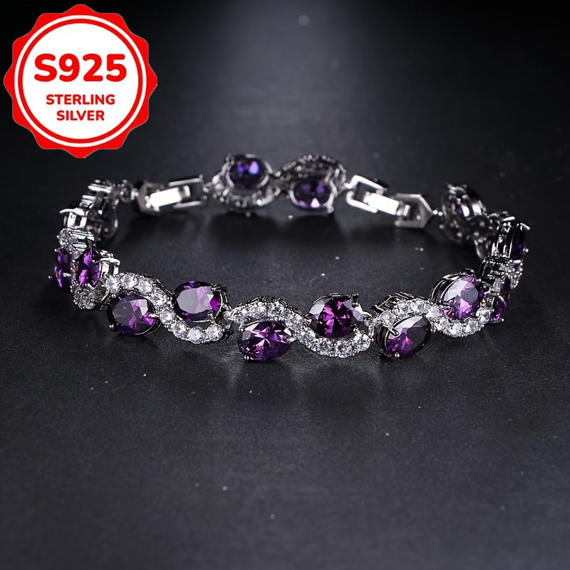 S925 Sterling Silver Purple Oval CZ Chain Bracelet for Women – Sparkling Cubic Zirconia Luxury Bracelet, Elegant Birthday & Anniversary Jewelry Gift