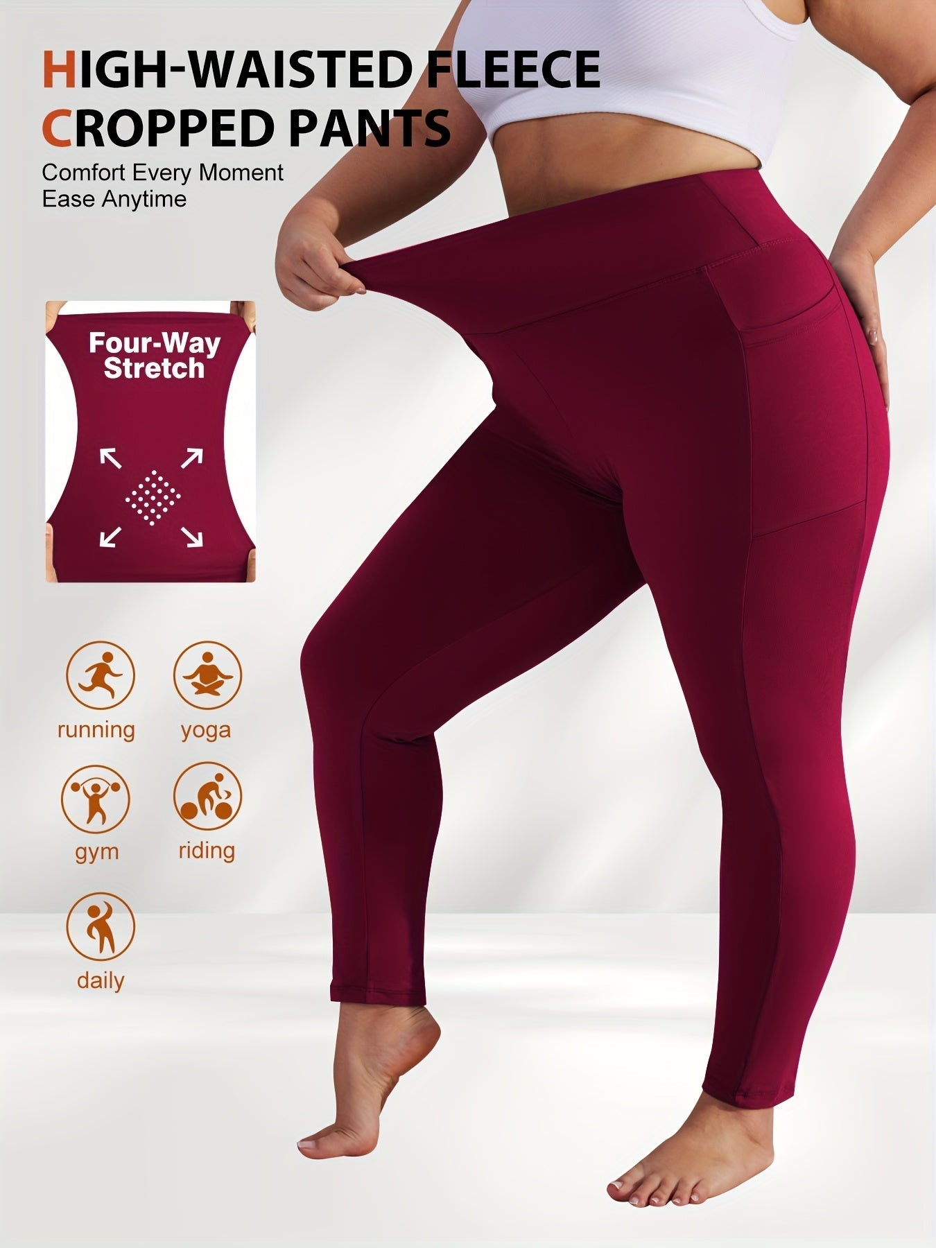 Women's Plus Size Yoga Pants with Pockets – High-Waist Fleece-Lined Warm Leggings for Fall & Winter, Tight-Fitting Elastic Sports Base Layer Pants, Sizes 1XL-5XL in Black, Gray, Burgundy & Navy