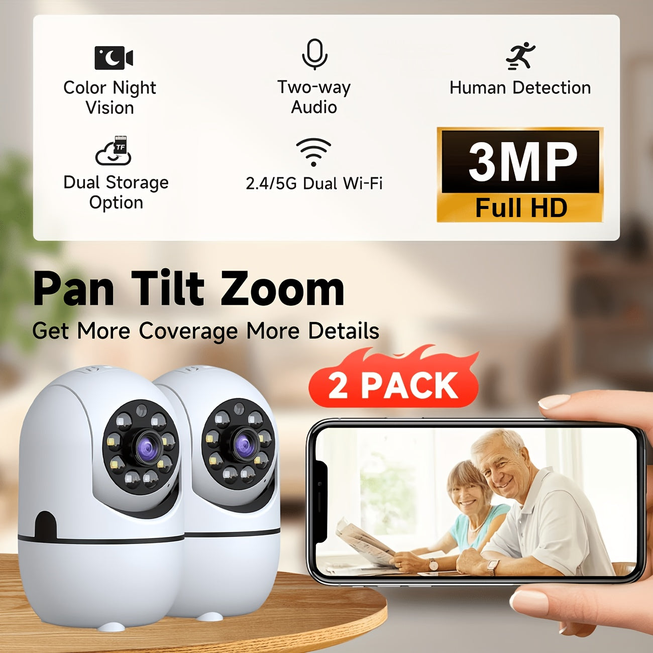2-Pack Indoor Security Camera 355° Rotation – 2.4G/5G WiFi, Motion Detection, Full-Color Night Vision, Two-Way Audio, Cloud & 256GB TF Card Storage, Alexa Compatible, Baby & Pet Monitor for Home