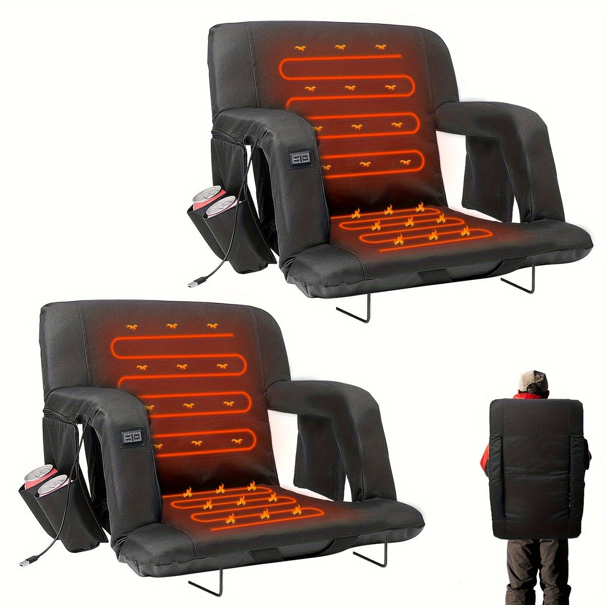 LILYPELLE Double Heated Stadium Seat with Back & Arm Support – Portable Bleacher Seat with 6 Reclining Positions, USB Heated Cushion for Sports Events, Outdoor Games, Travel & Hiking (Power Bank Not Included)