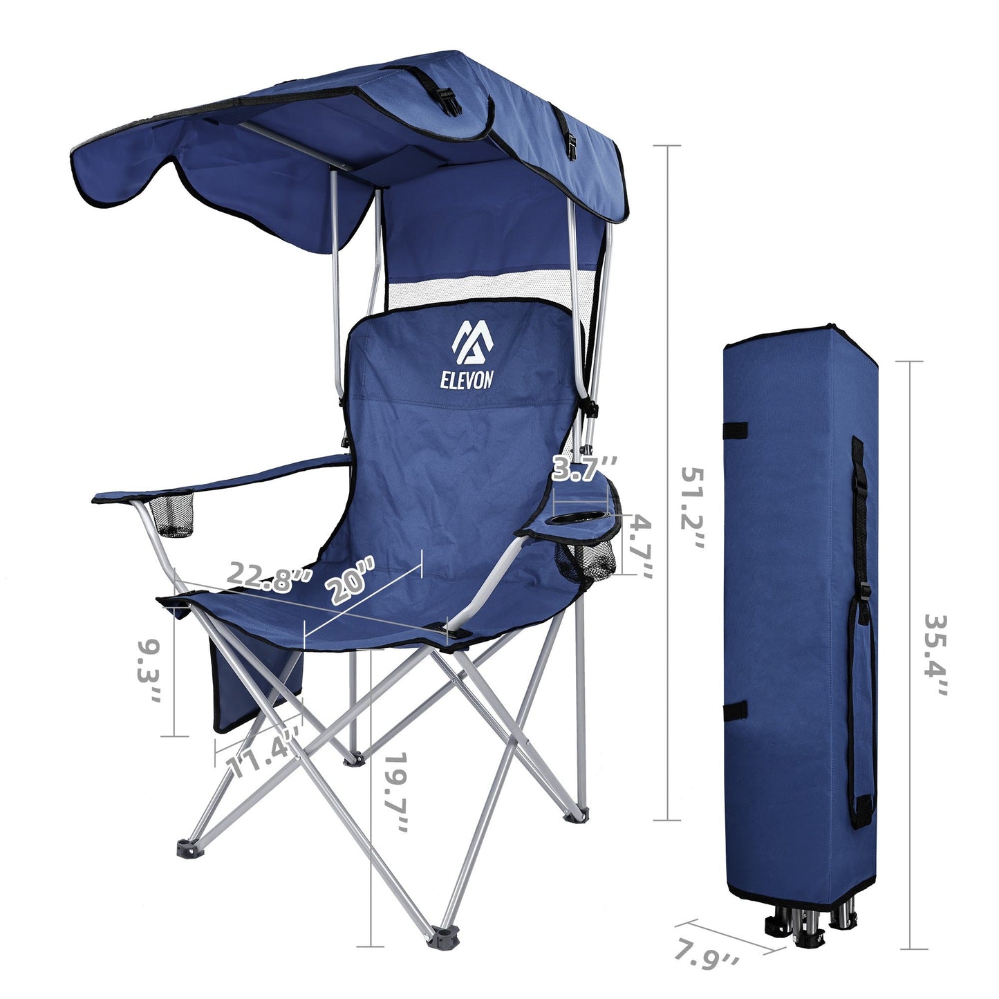 Folding Camping Chair with Tilting Canopy Sunshade – 225LBS Capacity, 22.8" Wide Seat, Mesh Cup Holder & Carry Bag, Portable Beach Lawn Chair for Camping, Hiking & Outdoor Events – 9 Color Options