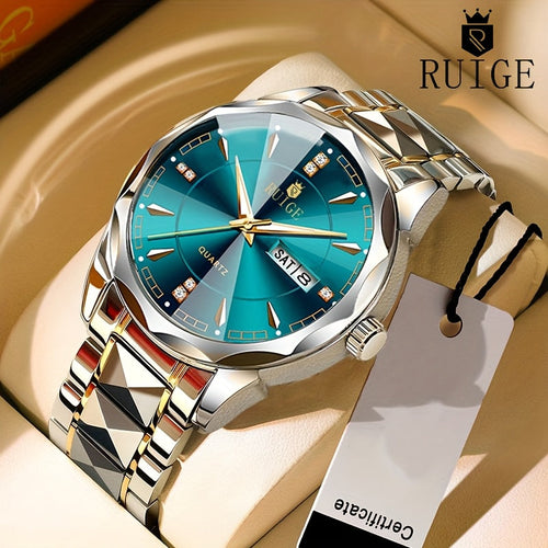 Men's Luxury Quartz Chronograph Watch – Luminous Blue Dial, Stainless Steel Case & Strap, Calendar Date Display, Elegant Business Dress Watch Gift for Him