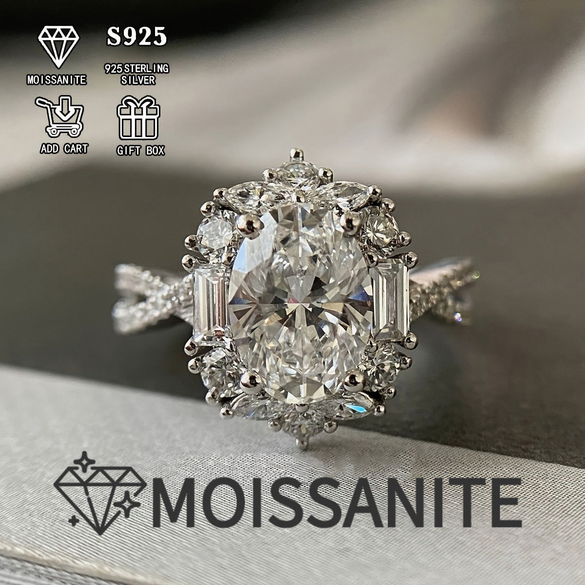 2 Carat Oval Moissanite Engagement Ring S925 Sterling Silver Bohemian Cross Goose Egg Design Hypoallergenic Elegant Wedding Anniversary Gift Ring for Women