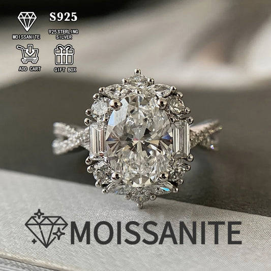 2 Carat Oval Moissanite Engagement Ring S925 Sterling Silver Bohemian Cross Goose Egg Design Hypoallergenic Elegant Wedding Anniversary Gift Ring for Women