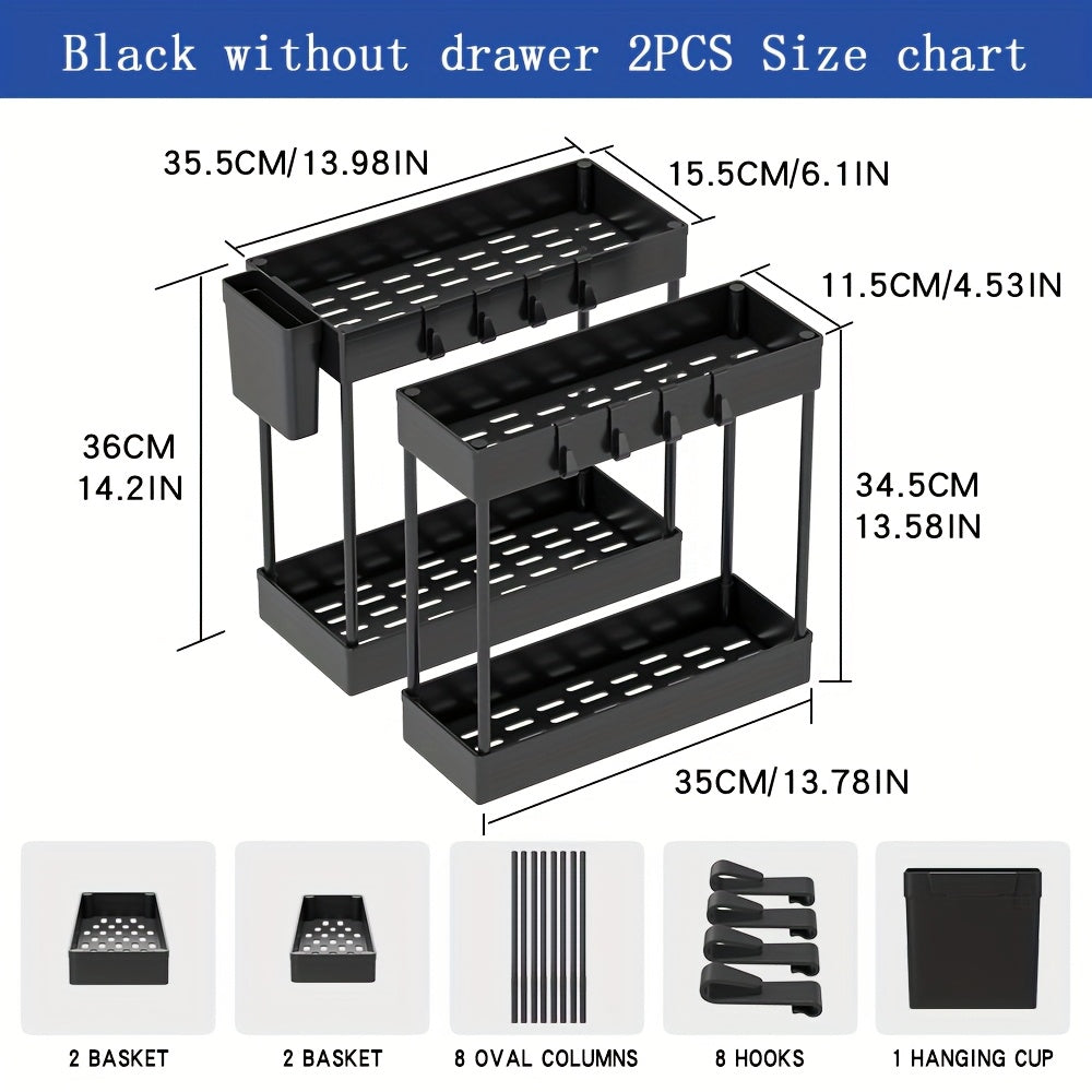 Under Sink Organizer 2-Pack Double-Tier Sliding Baskets 8 Hooks Expandable – Kitchen Bathroom Cabinet Storage Rack Organization Moonlight White Black Gray