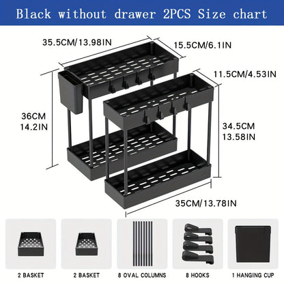 Under Sink Organizer 2-Pack Double-Tier Sliding Baskets 8 Hooks Expandable – Kitchen Bathroom Cabinet Storage Rack Organization Moonlight White Black Gray