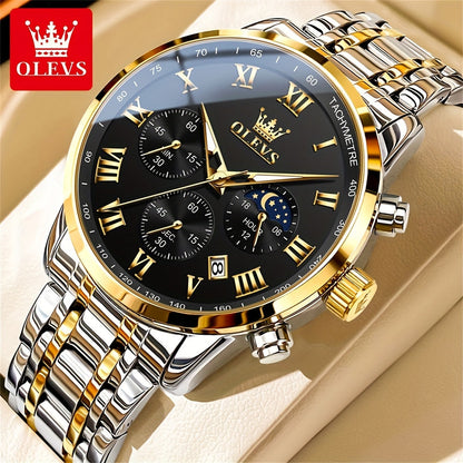 OLEVS Men's Luxury Stainless Steel Watch – Chronograph, Roman Numerals, Moon Phase Display, Luminous Analog Quartz Dress Watch for Men, 8 Color Options, Perfect Business & Gift Watch