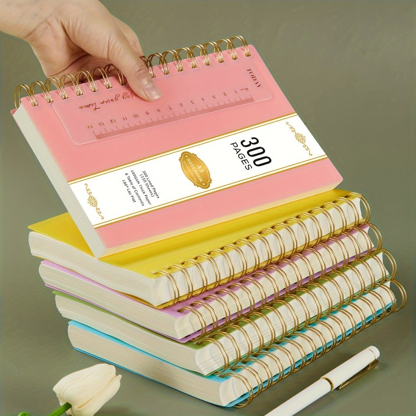 Spiral Notebook 3 Pack A5 Hardcover College Ruled Journal Set, 300 Pages 100GSM Thick Paper, PVC Cover Notepad for Women Girls Students, 5.7" x 8.4" with Ruler
