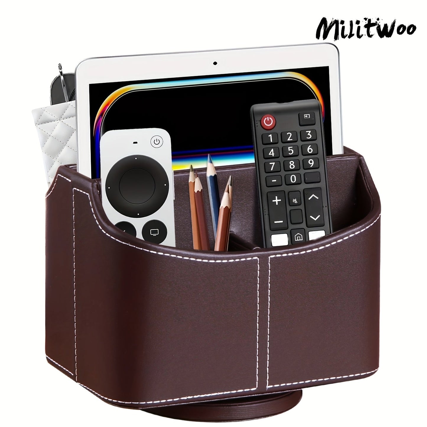 360° Swivel Remote Control Holder – 5-Compartment PU Leather Desk Organizer for TV Remotes, Phones, Eyeglasses, Pens & Office Accessories, Rotating Desktop Storage Caddy