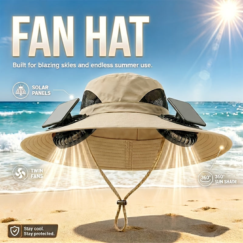 Solar Powered Cooling Fan Wide Brim Sun Hat – 2 Built-In Solar Fans, Adjustable Wind Speed, Breathable Mesh, UV Protection Outdoor Hat with Chin Strap for Fishing, Camping & Travel