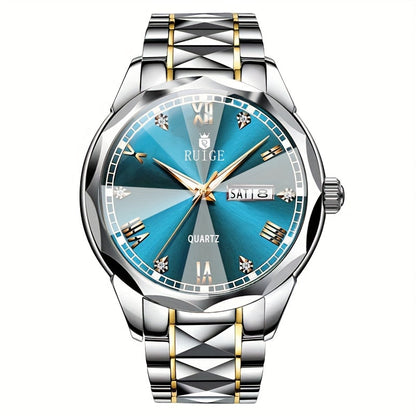 RUIGE Men's Fashion Quartz Watch – Night Light, Dual Calendar, Diamond Shaped Mirror Dial, Stainless Steel Case, Alloy Strap, Business Casual Wristwatch, Perfect Father's Day Gift for Men