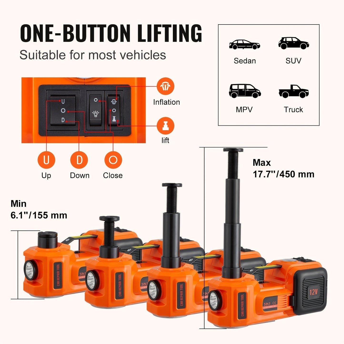 HAPPYBUY 5 Ton Hydraulic Car Jack 11023 Lbs with Built-in Inflatable Pump & LED Light - Portable Car Lift for Tire Changes & Garage Repairs, Compatible with SUV, MPV, Sedan & Truck